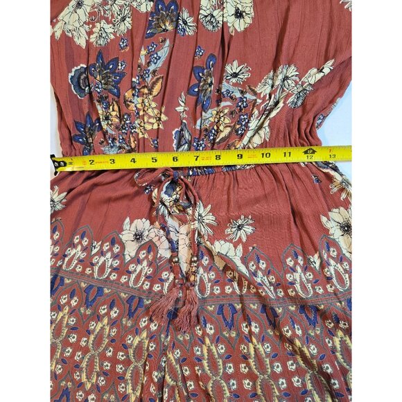 Angie Rust Floral Print Off-Shoulder Romper With Bell Sleeves & Waist Tie Size M - Picture 11 of 15